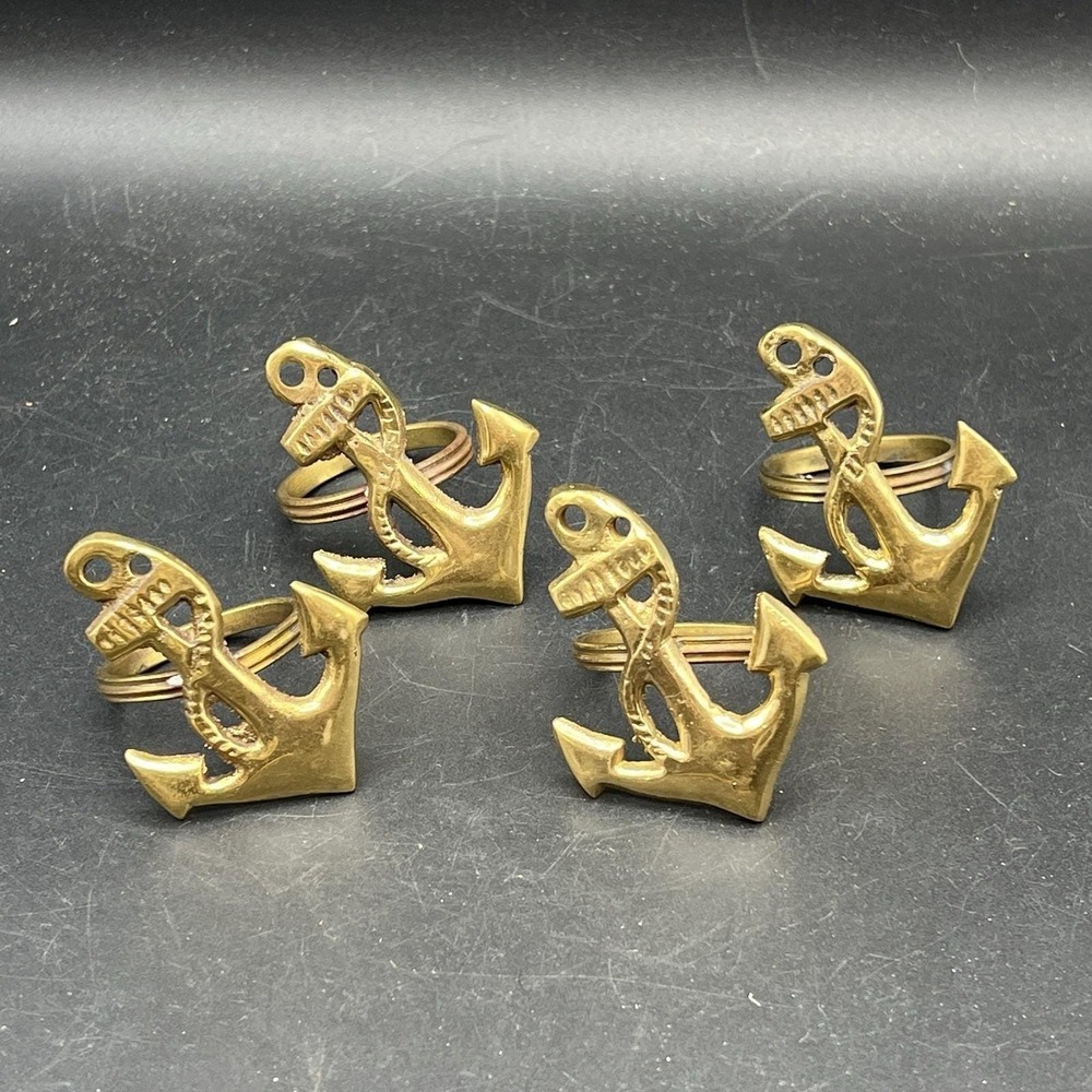 Vintage Solid Brass Nautical Napkin‎ Rings Anchor Rope ~ Set Of 4
